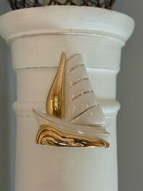 Vintage Gold and Cream Ceramic Sailboat Wall Pocket